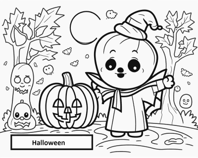 Színező egy cuki figurával hegyes kalapban és köpenyben egy faragott tök mellett